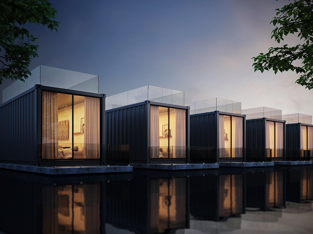 Container House on lake resort, evening light 3D render