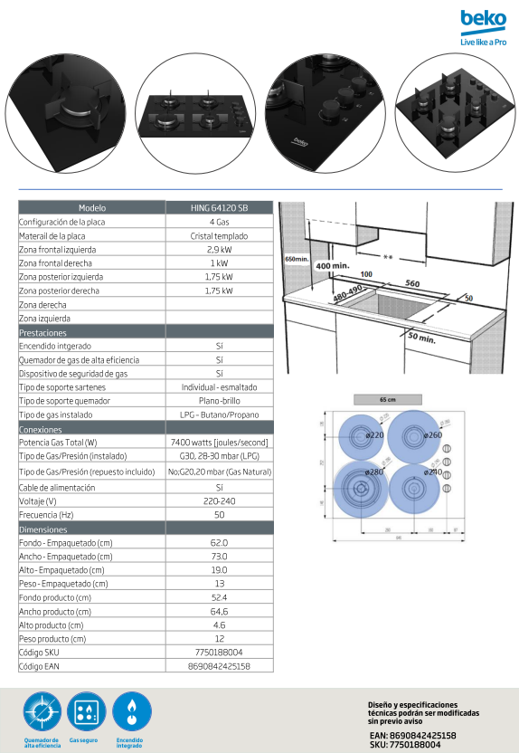 Placa de gas Beko HISG 64120 S gas butano 59 cm 4 fuegos sin marco mandos  laterales 7400W cristal negro