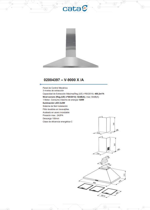 CAMPANA COCINA DECORATIVA PIRAMIDAL 60 CM ACABADO INOX V3-T600 X CATA 