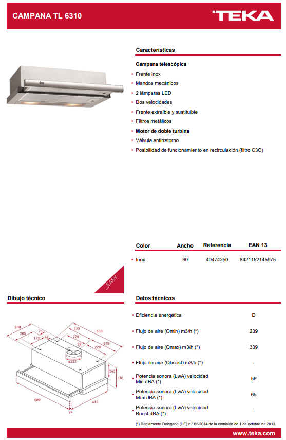 Campana Extractora Extraíble 60 cm TL 6310